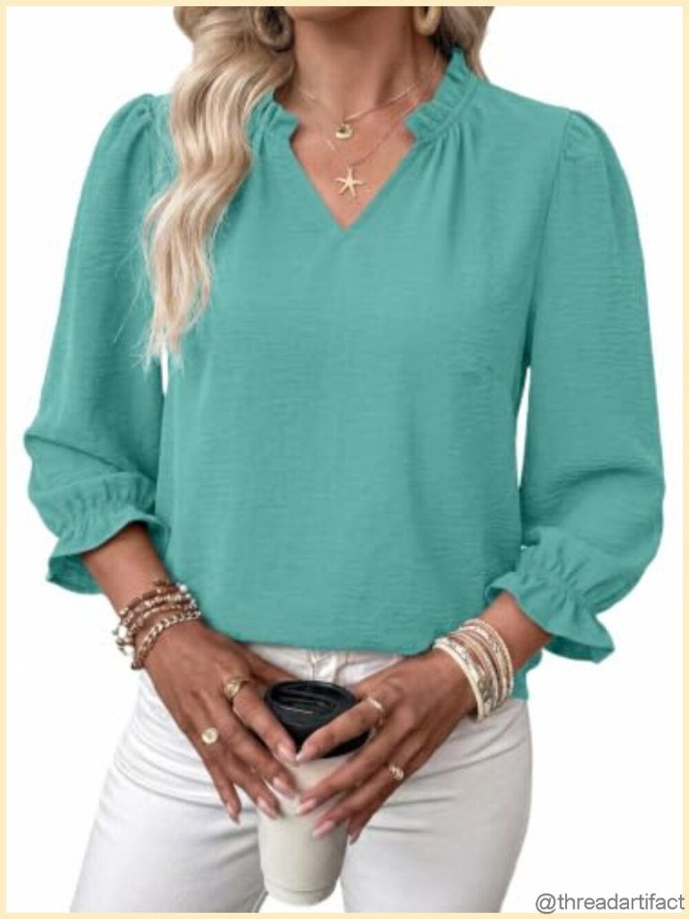 SHEWIN Women's Ruffle Blouse 3/4 Sleeve V-Neck Pullover Top